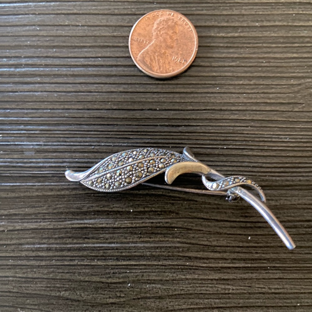 Silver Leaf Brooch with Marcasite Accents